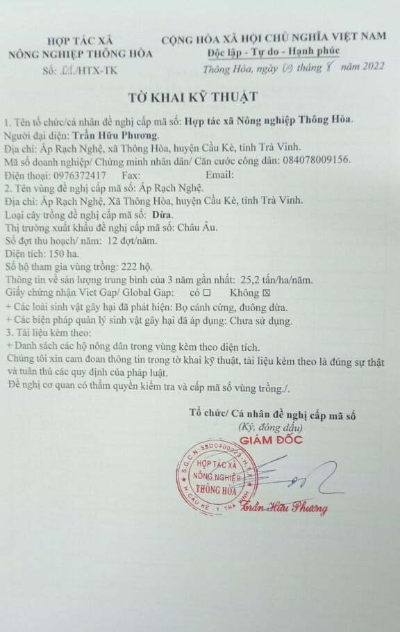 Giấy chứng nhận đạt tiêu chuẩn xuất khẩu Châu Âu của Dừa