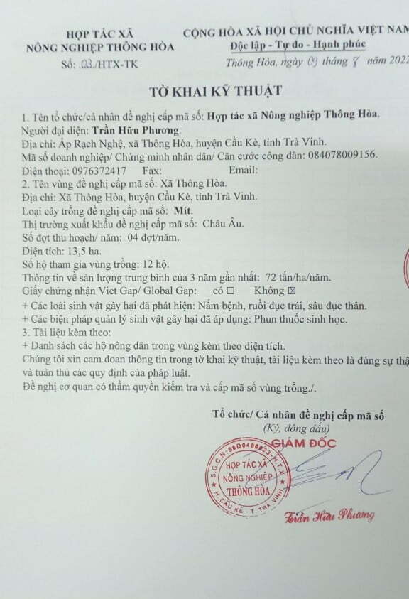 Giấy chứng nhận đạt tiêu chuẩn xuất khẩu Châu Âu của Mít